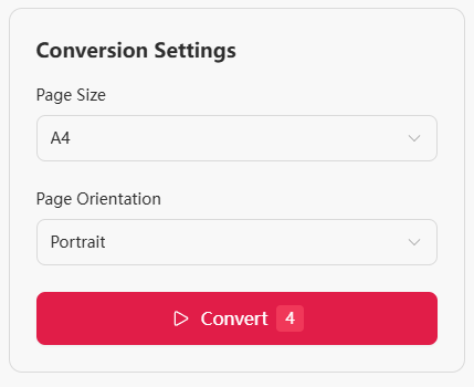 Page size and orientation settings